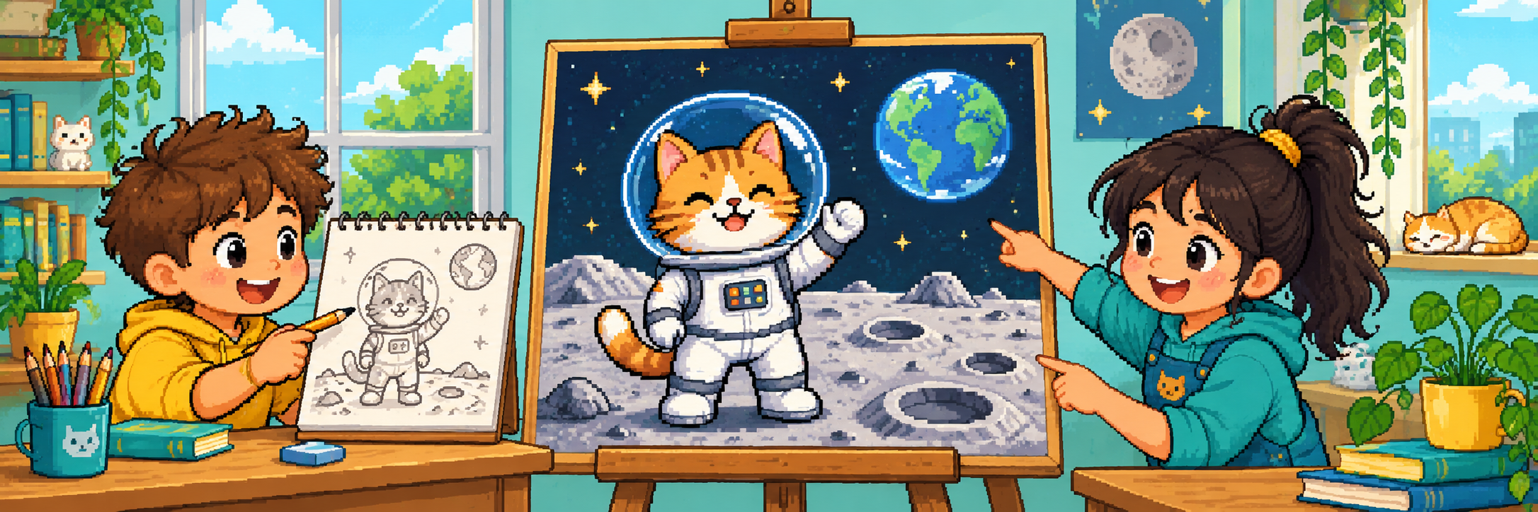 孩子展示太空猫的草图和画作，画中猫穿白色宇航服、站在月球上