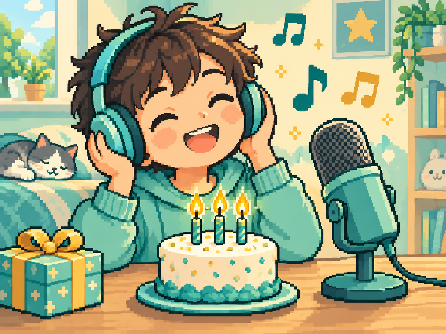孩子戴耳机听生日歌，身边有生日蛋糕、礼物和麦克风