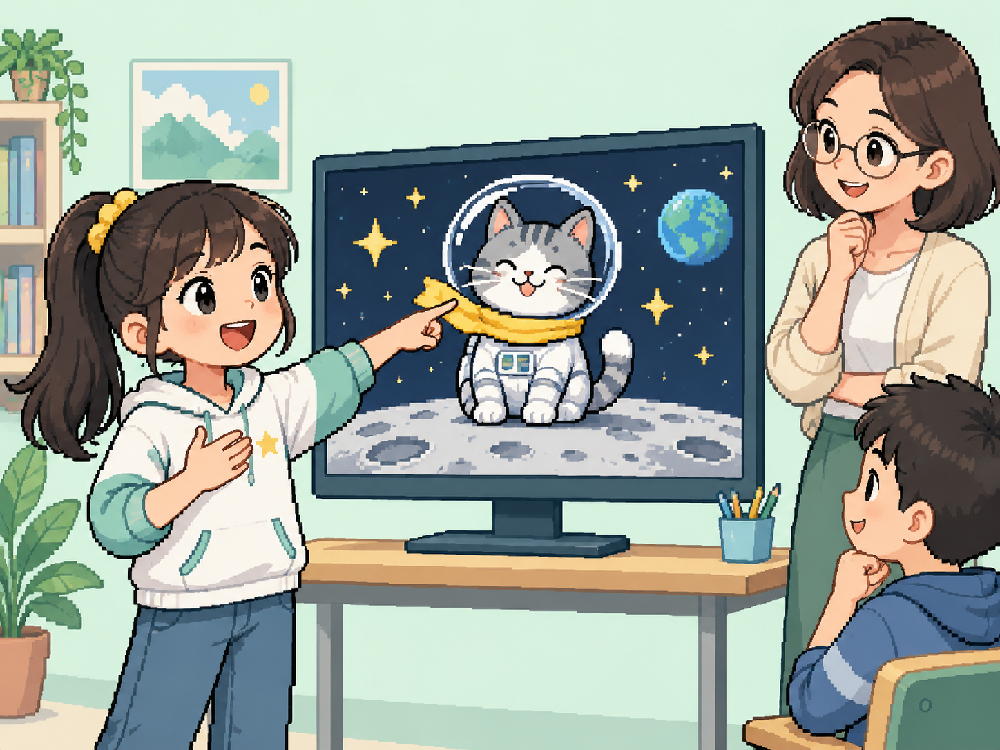 孩子展示自己的太空猫作品，指着细节讲述设计