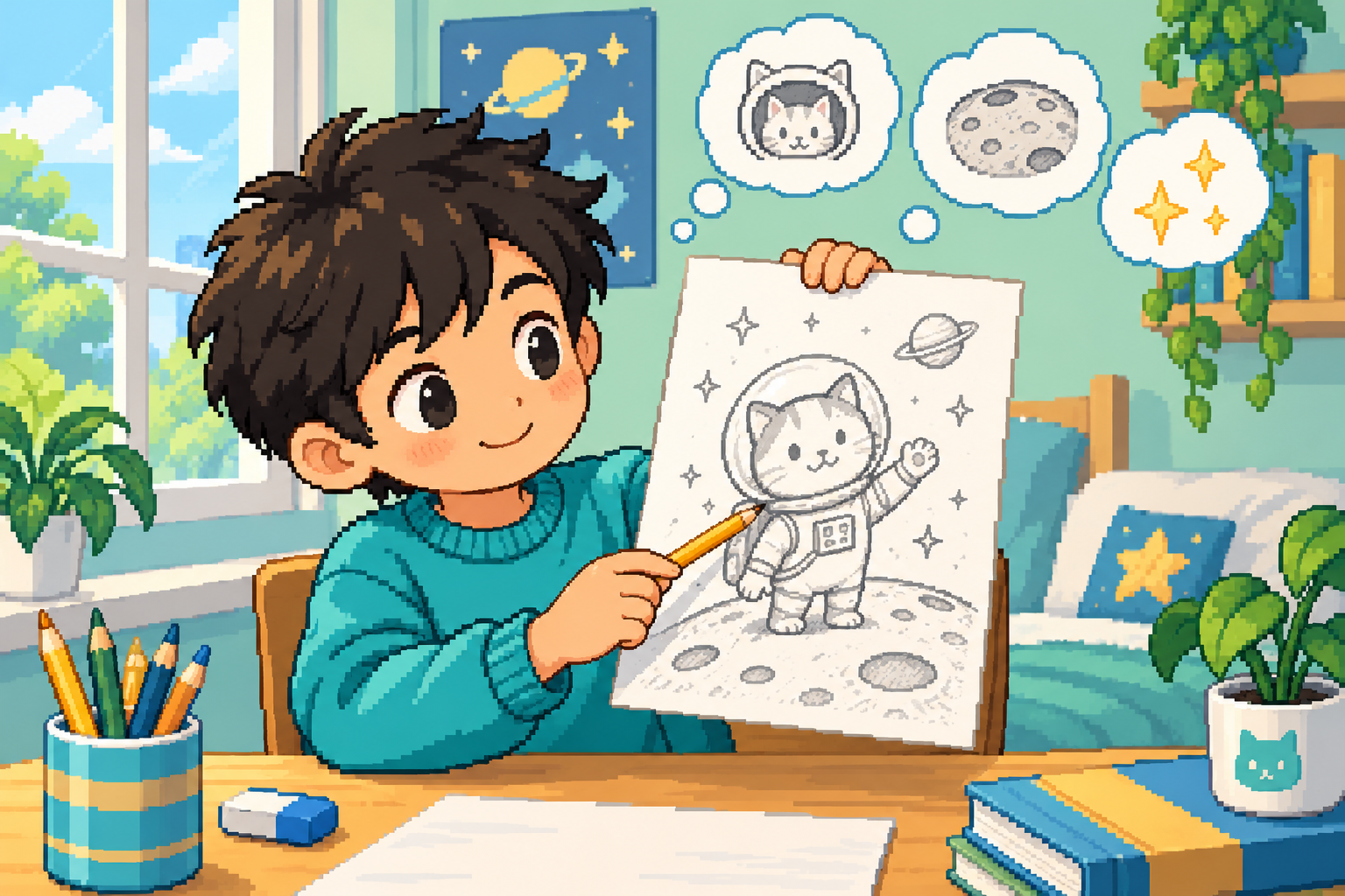 孩子指着自己的太空猫草图,说出创作想法