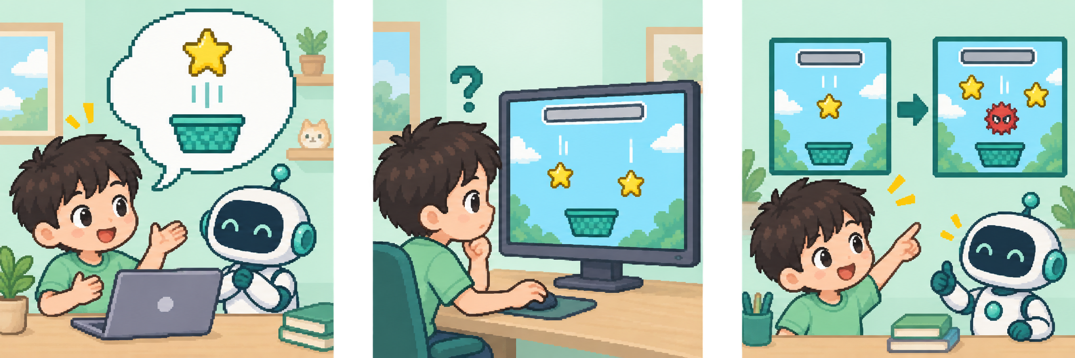 孩子向AI描述用篮子接星星的游戏